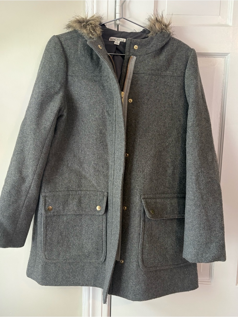 J. Crew Charcoal Gray Wool Hooded Pea Coat with Faux Fur Trim